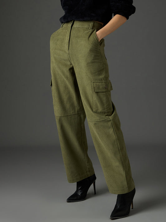 Women Olive Corduroy Straight Fit Cargo Pants-SFPANT51316 2160