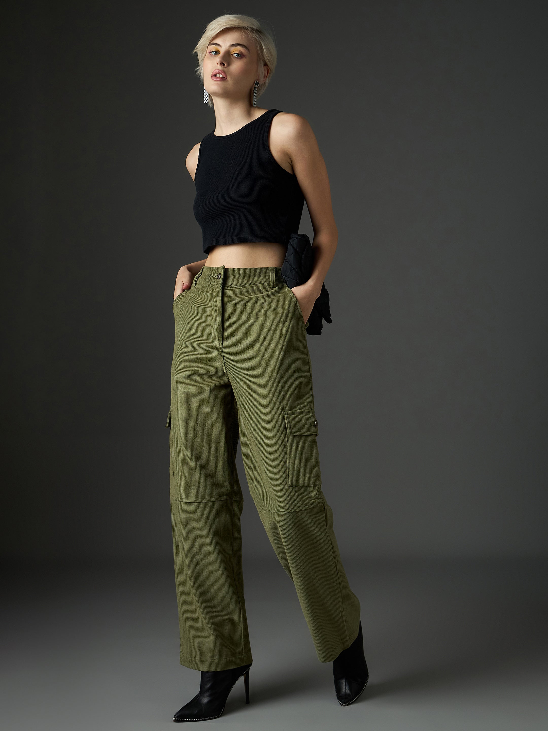 Women Olive Corduroy Straight Fit Cargo Pants-SFPANT51316