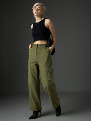 Women Olive Corduroy Straight Fit Cargo Pants-SFPANT51316