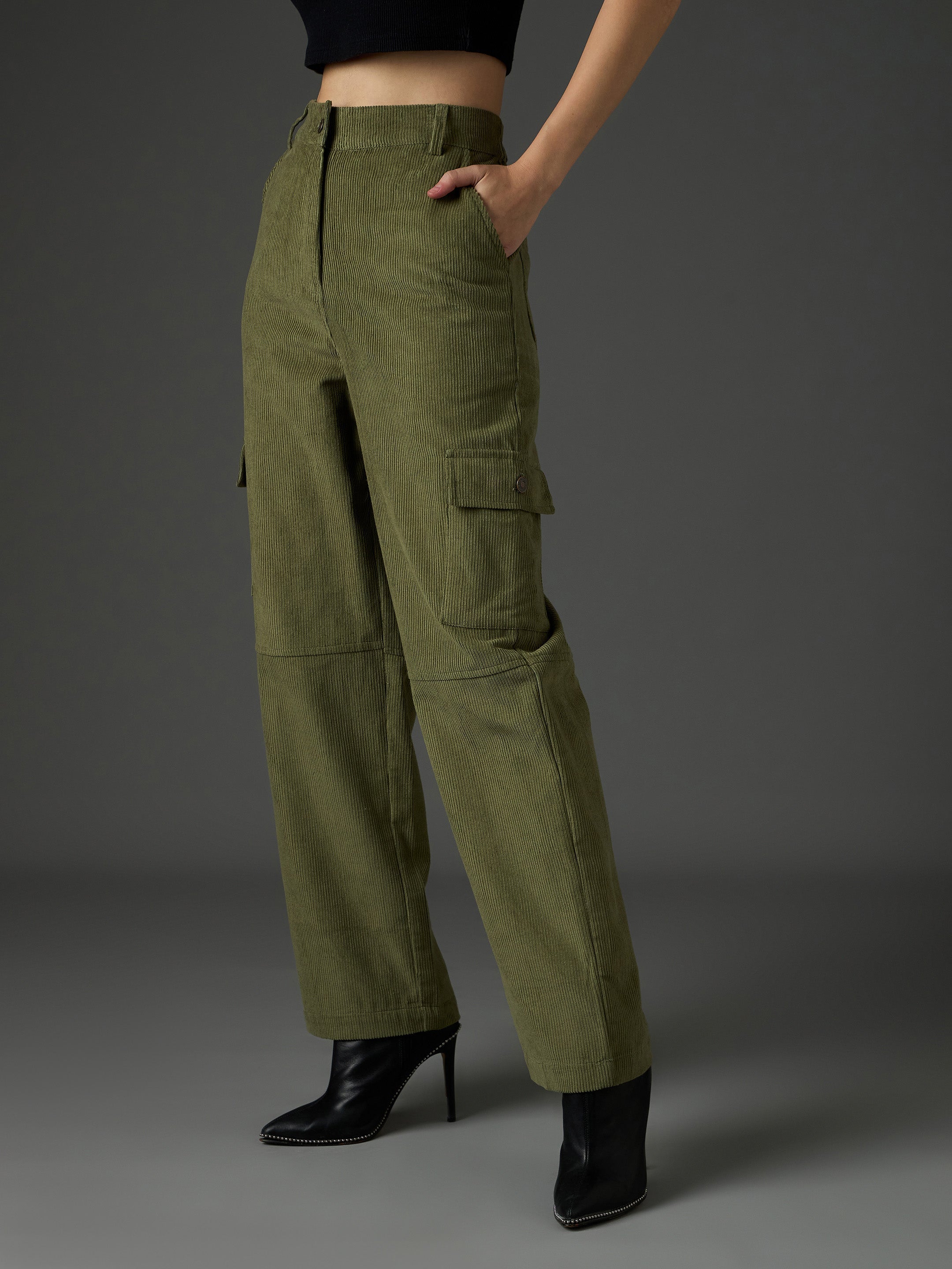 Women Olive Corduroy Straight Fit Cargo Pants-SFPANT51316