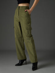 Women Olive Corduroy Straight Fit Cargo Pants-SFPANT51316