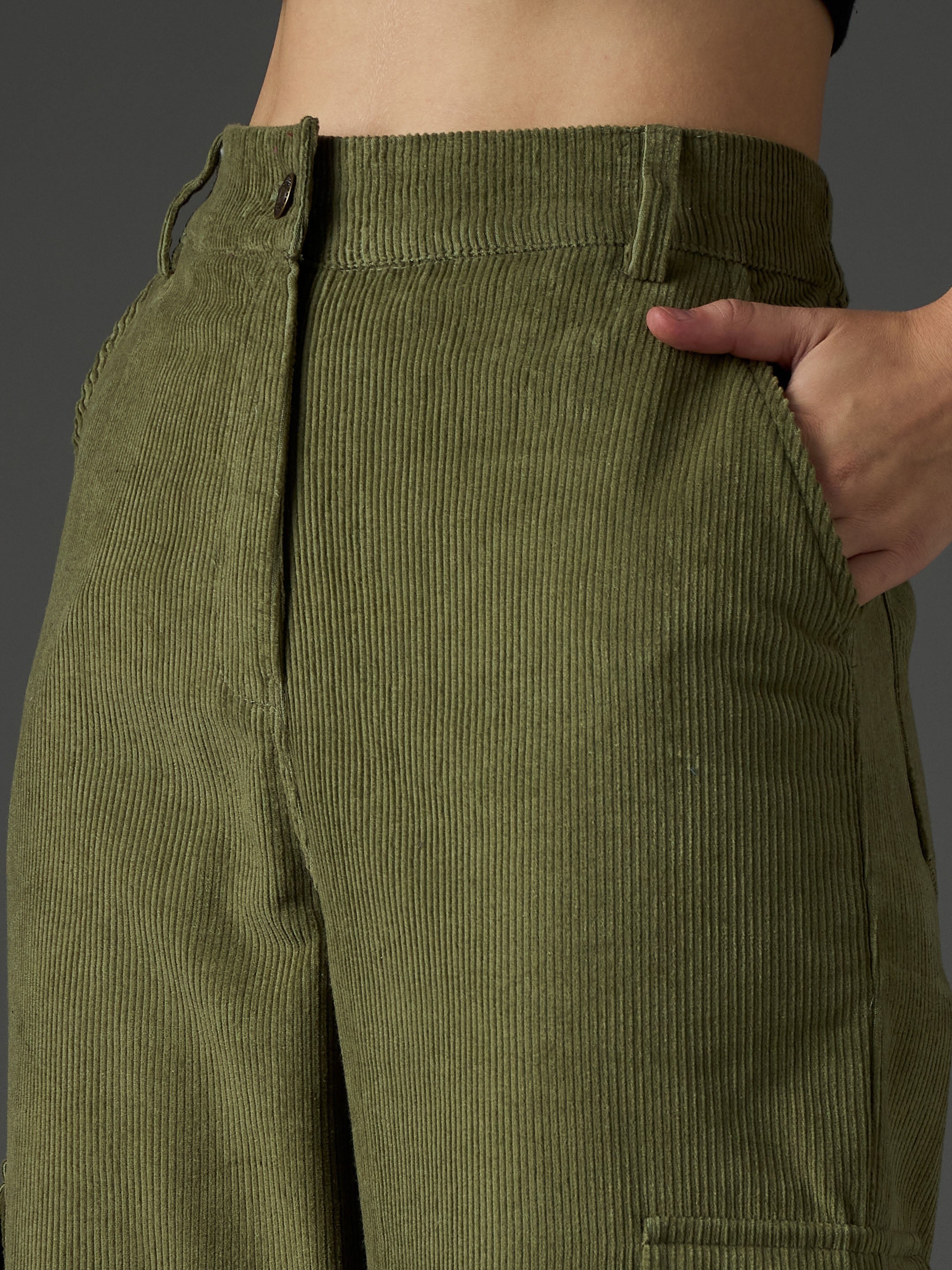 Women Olive Corduroy Straight Fit Cargo Pants-SFPANT51316