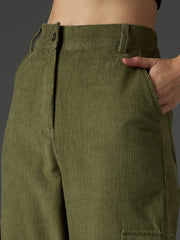 Women Olive Corduroy Straight Fit Cargo Pants-SFPANT51316
