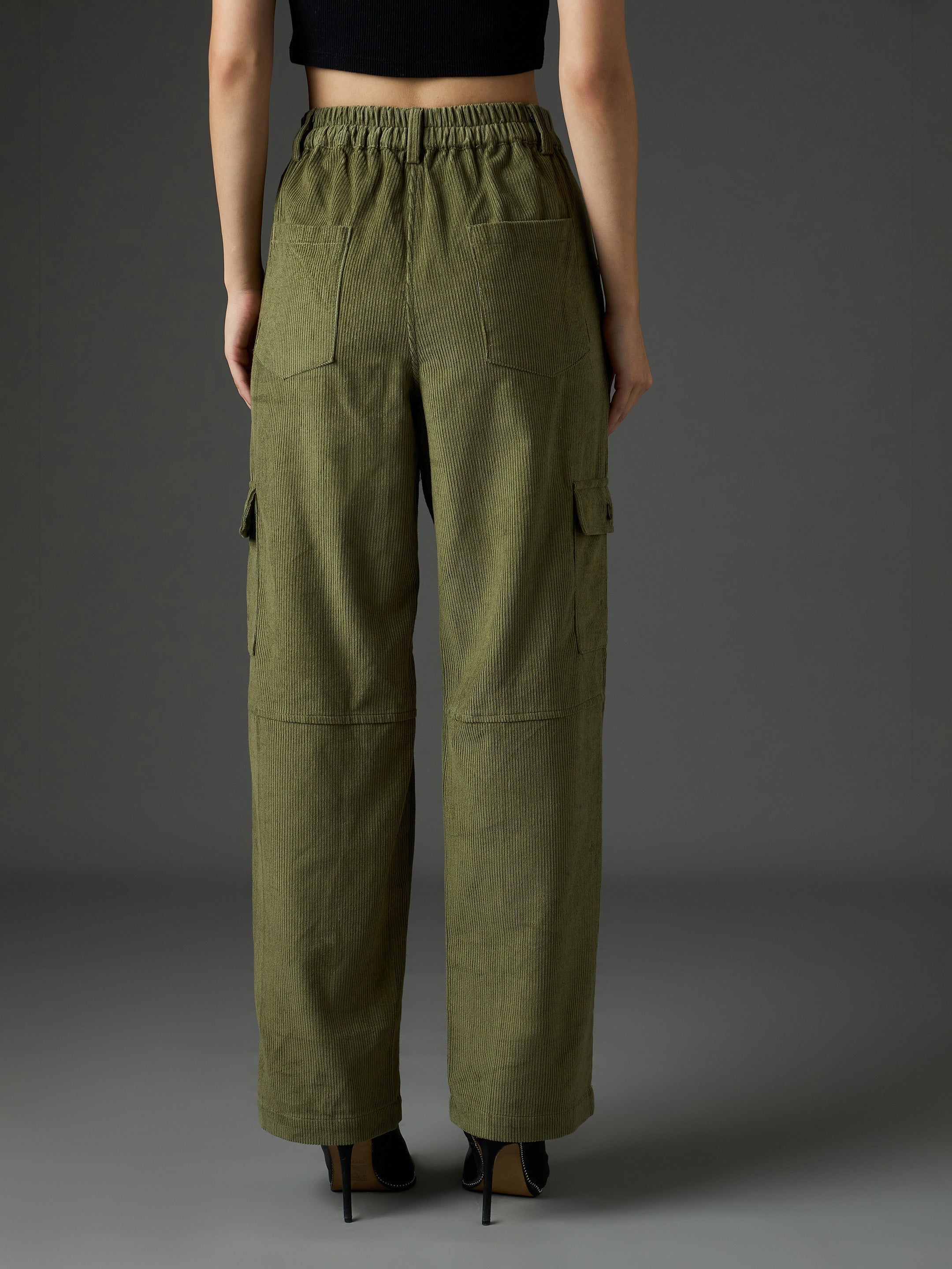 Women Olive Corduroy Straight Fit Cargo Pants-SFPANT51316