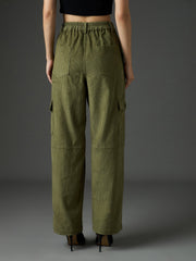 Women Olive Corduroy Straight Fit Cargo Pants-SFPANT51316