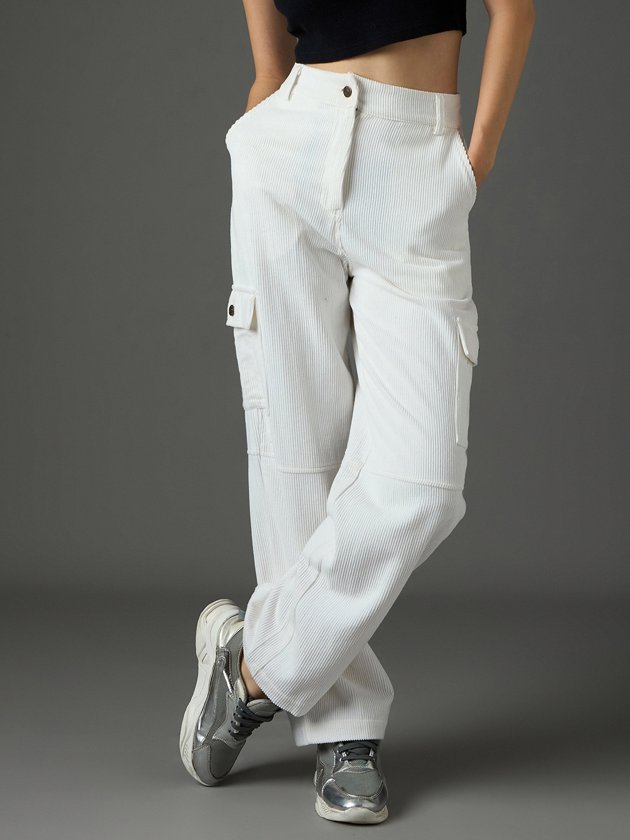 Women White Corduroy Straight Fit Cargo Pants-SFPANT51317