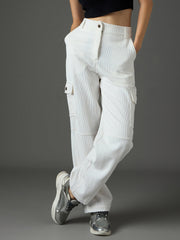 Women White Corduroy Straight Fit Cargo Pants-SFPANT51317