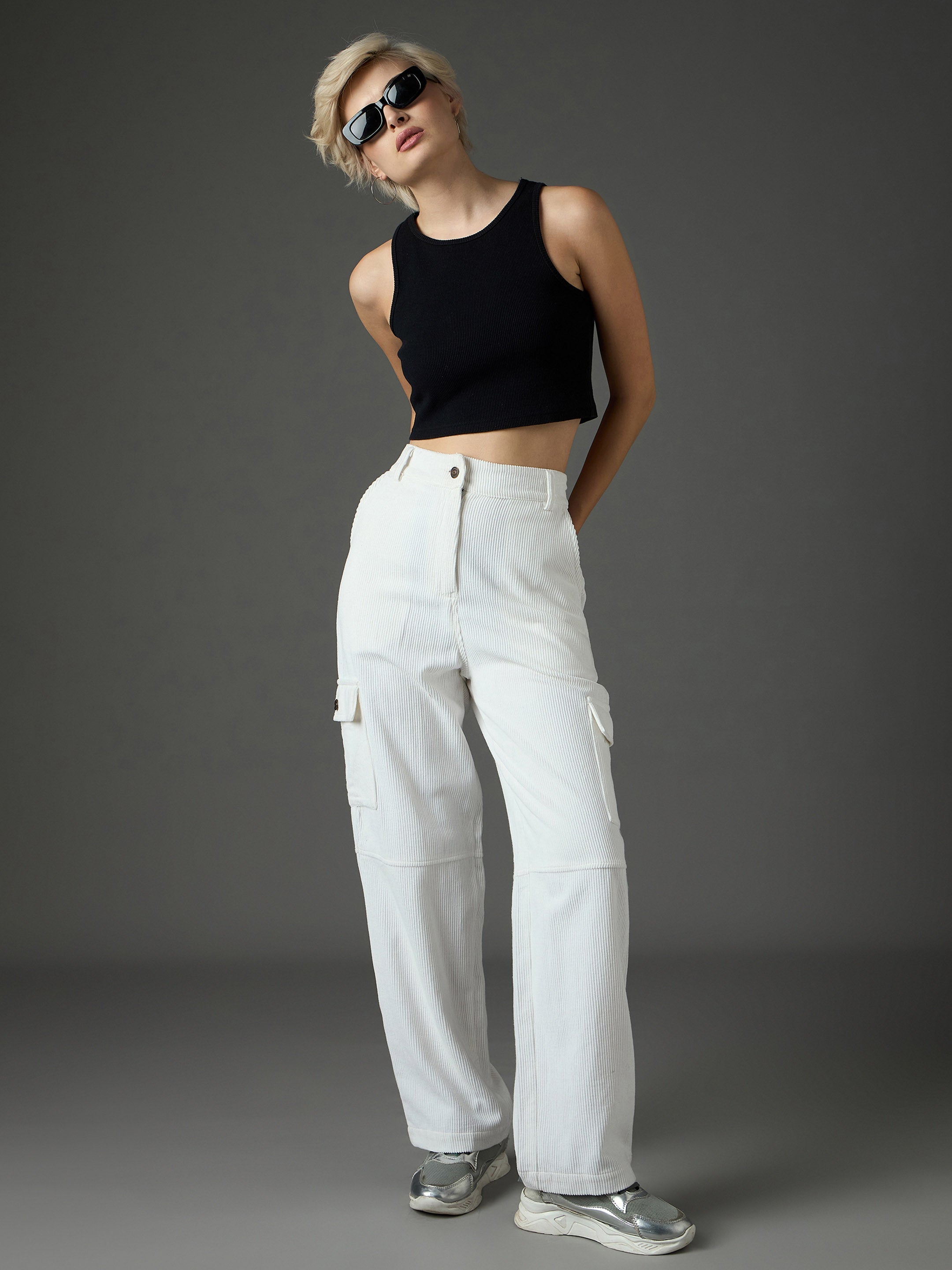 Women White Corduroy Straight Fit Cargo Pants-SFPANT51317