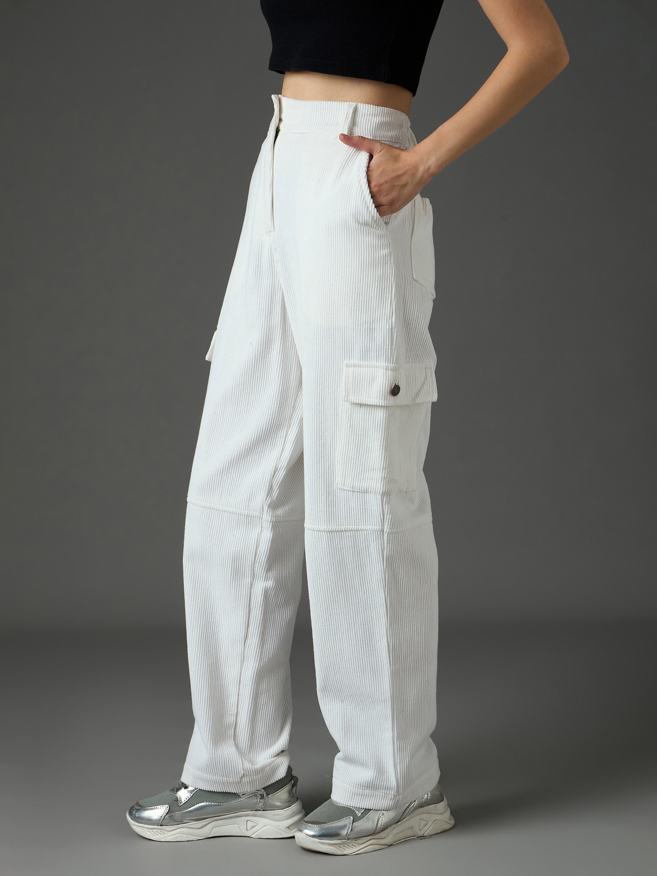 Women White Corduroy Straight Fit Cargo Pants-SFPANT51317