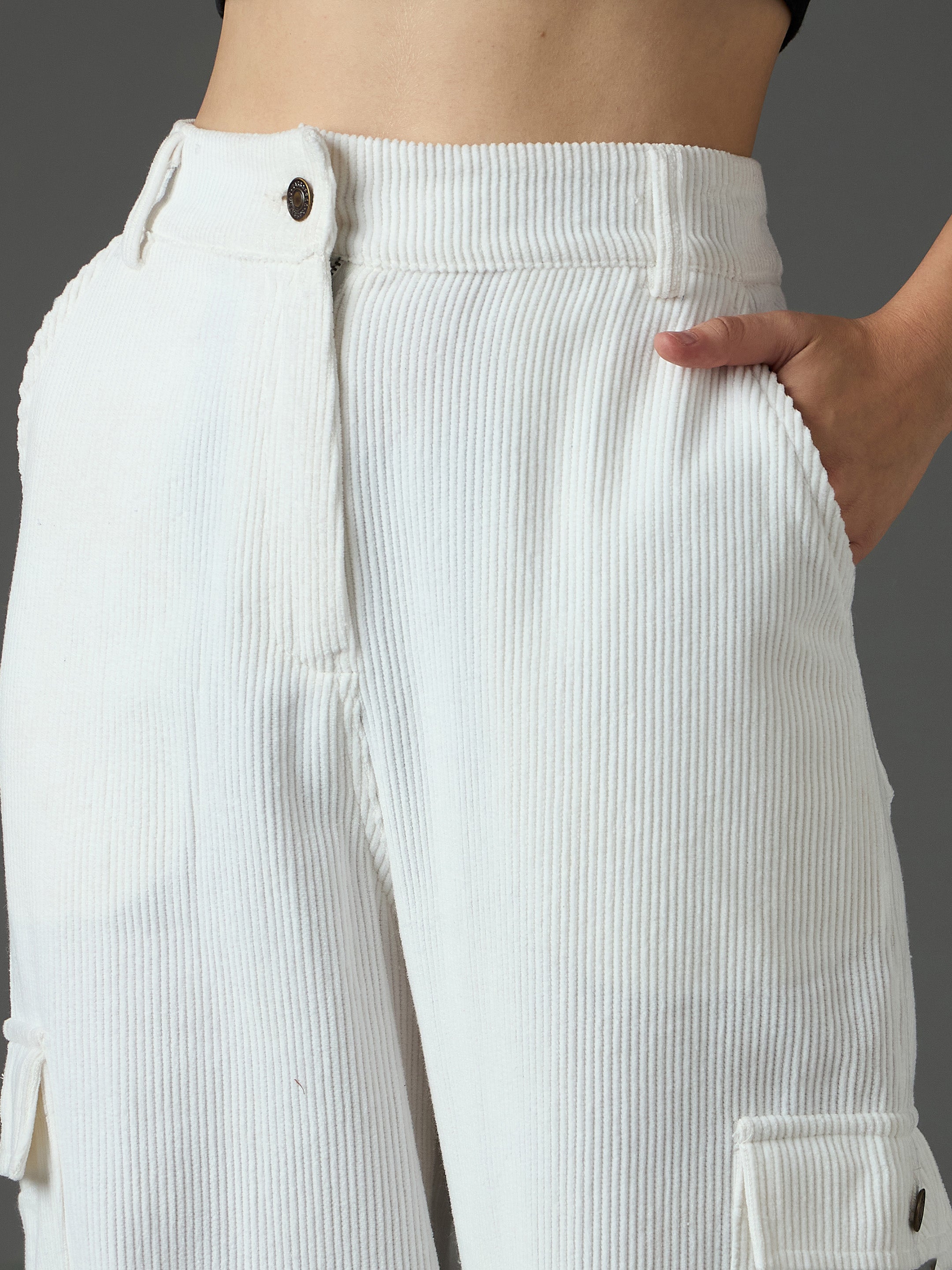Women White Corduroy Straight Fit Cargo Pants-SFPANT51317