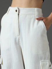 Women White Corduroy Straight Fit Cargo Pants-SFPANT51317