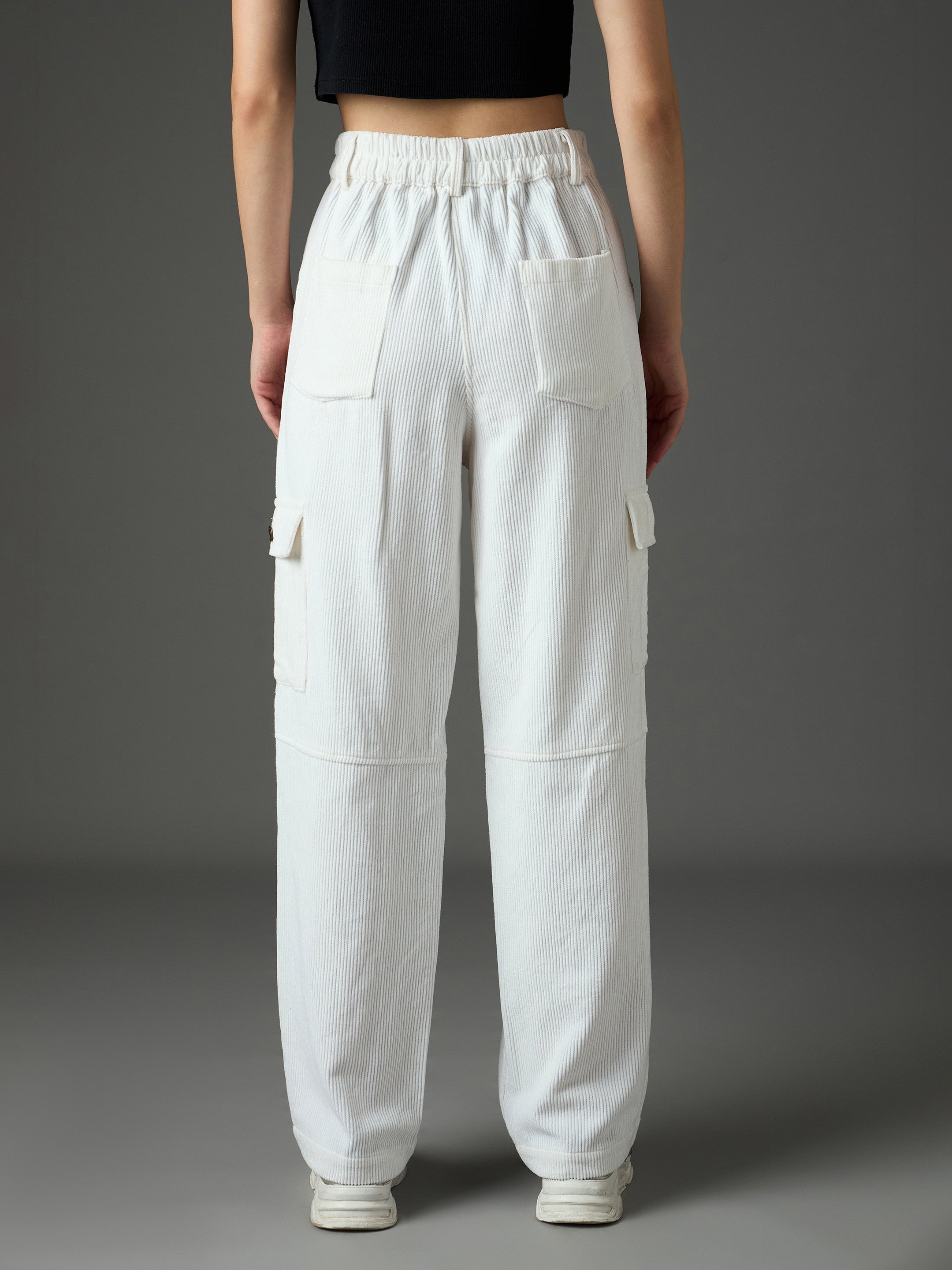 Women White Corduroy Straight Fit Cargo Pants-SFPANT51317