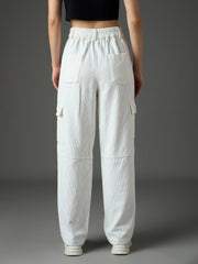 Women White Corduroy Straight Fit Cargo Pants-SFPANT51317