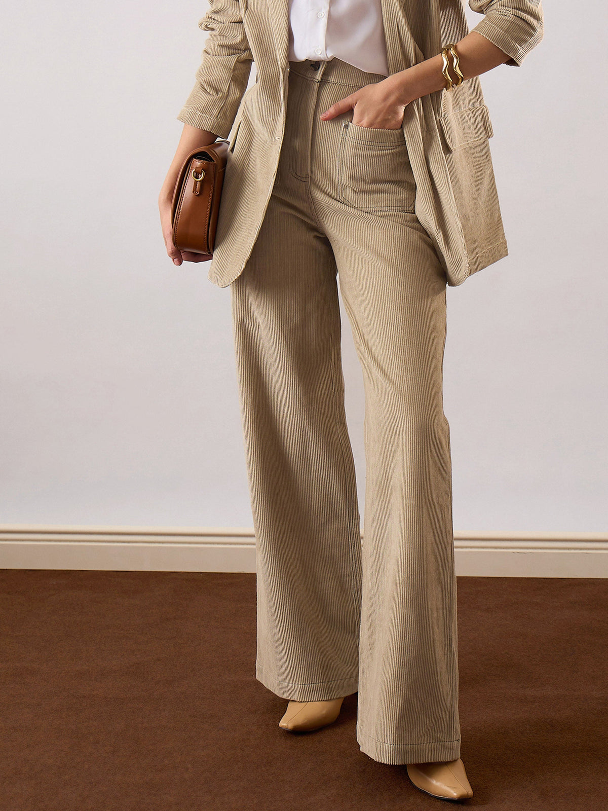 Women Beige Corduroy Front Patch Pocket Wide Leg Pants-SFPANT51318