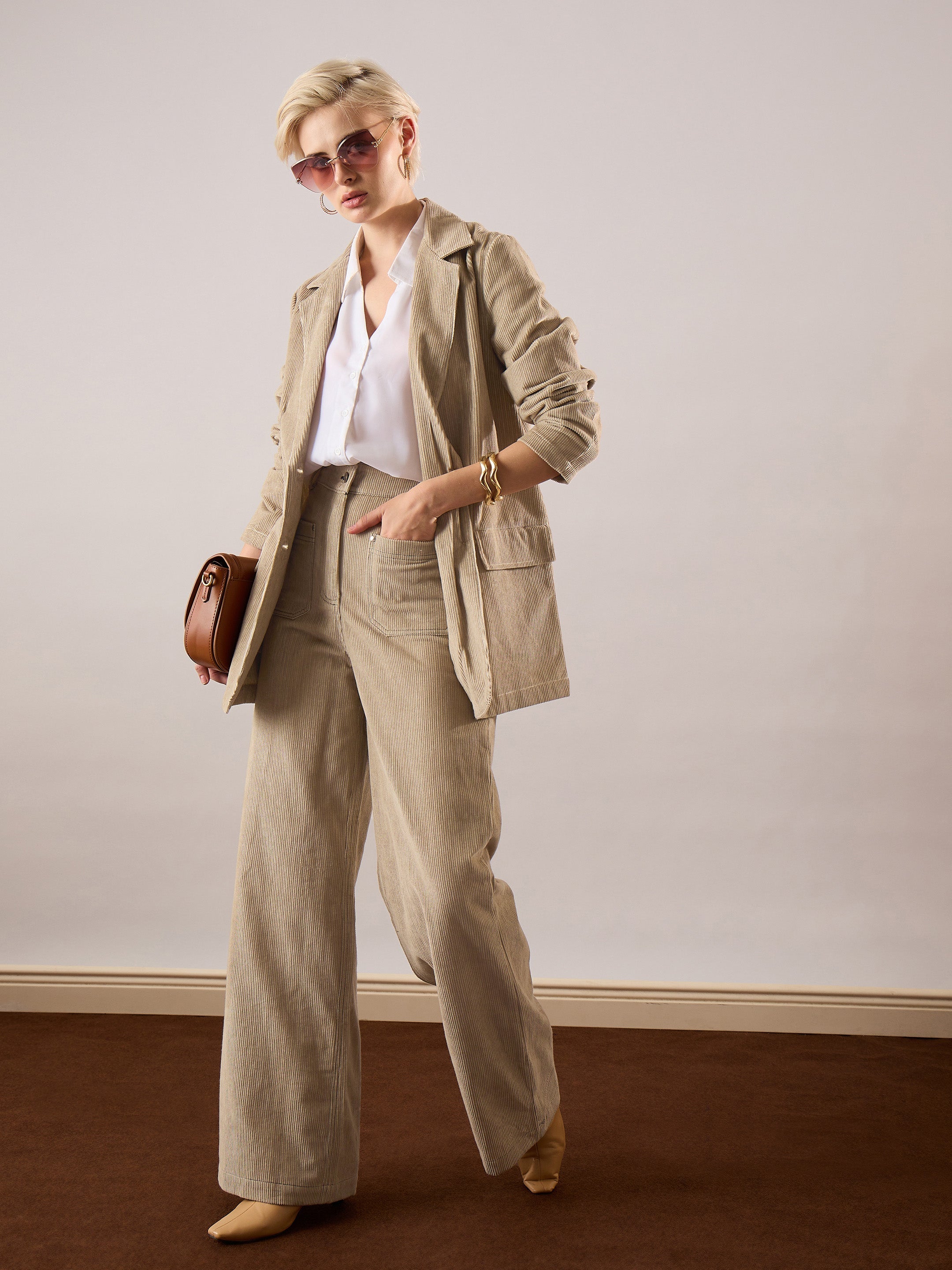 Women Beige Corduroy Front Patch Pocket Wide Leg Pants-SFPANT51318