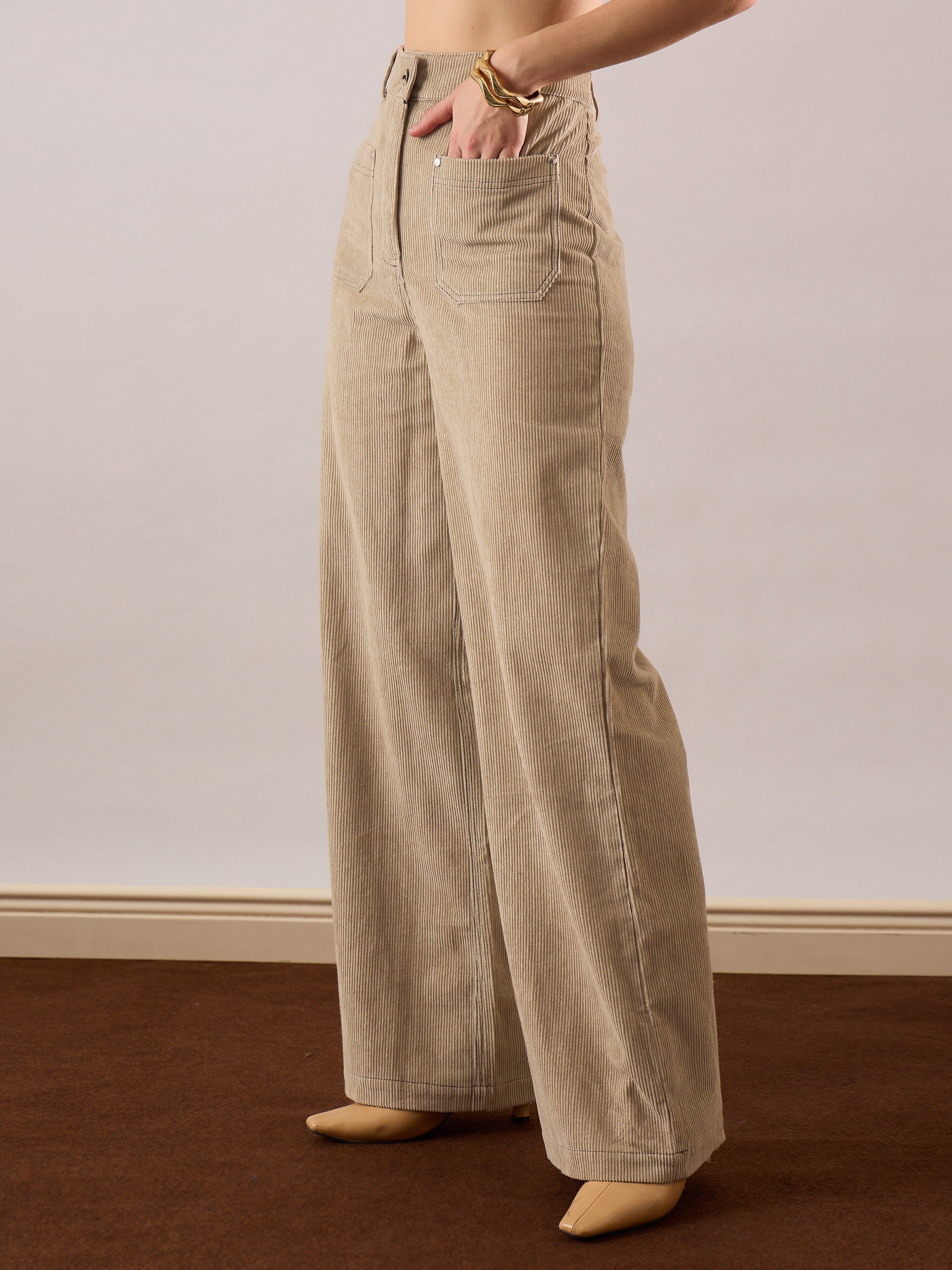 Women Beige Corduroy Front Patch Pocket Wide Leg Pants-SFPANT51318