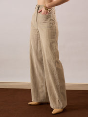 Women Beige Corduroy Front Patch Pocket Wide Leg Pants-SFPANT51318