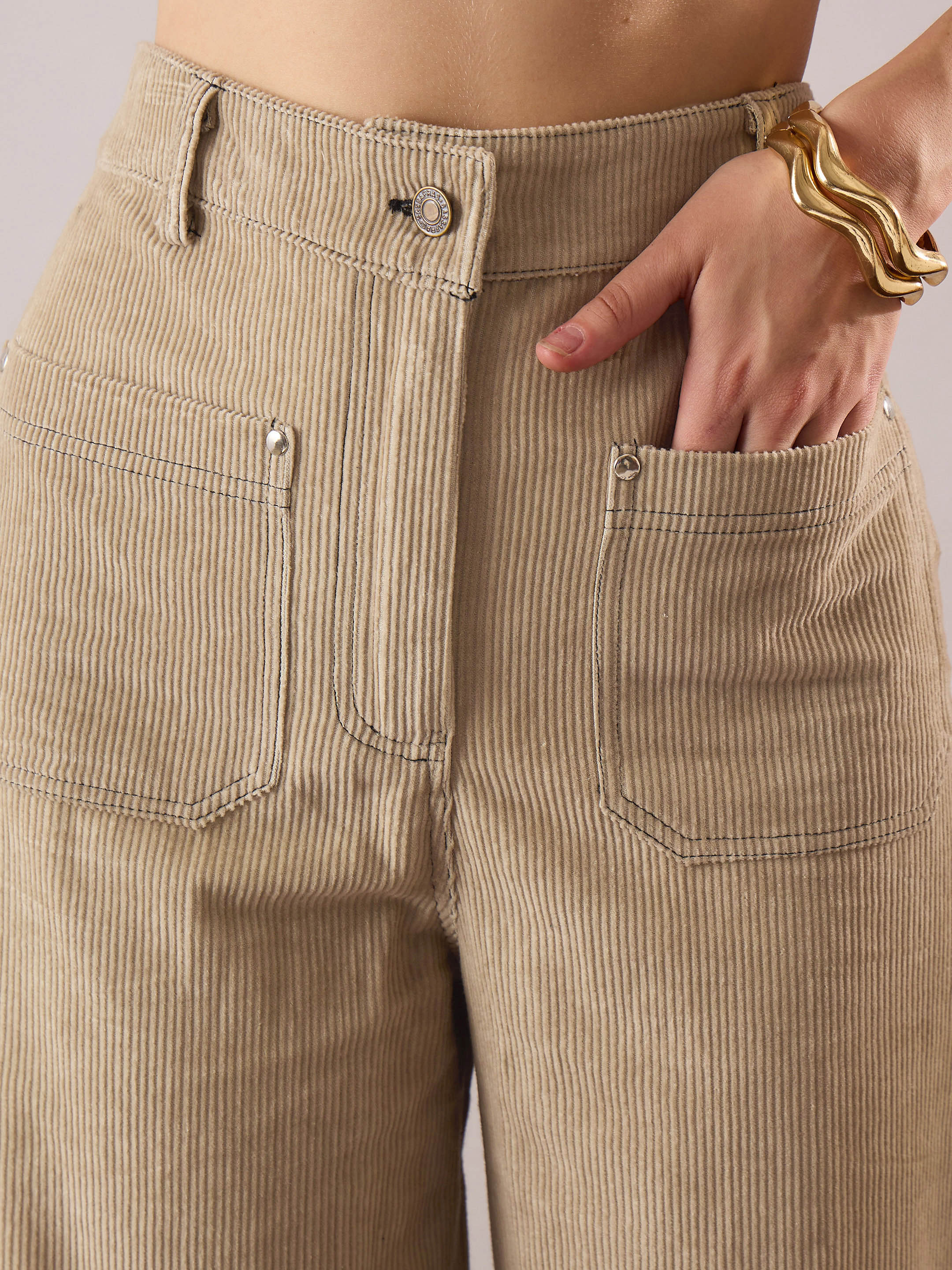 Women Beige Corduroy Front Patch Pocket Wide Leg Pants-SFPANT51318