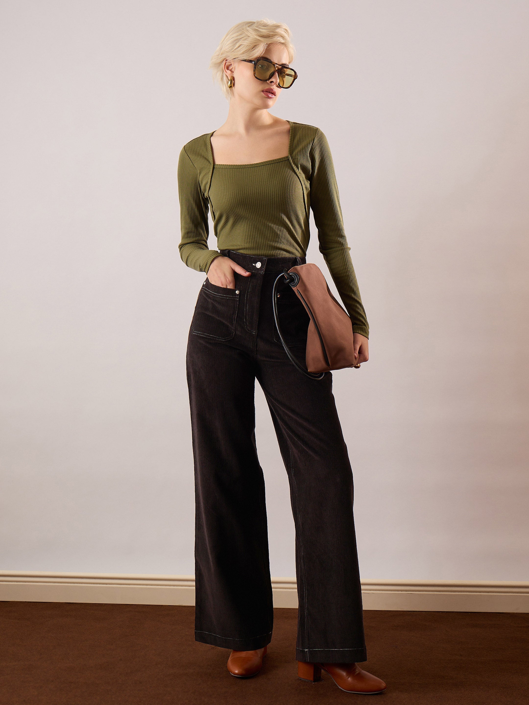 Women Black Corduroy Front Patch Pocket Wide Leg Pants-SFPANT51319