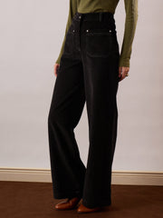 Women Black Corduroy Front Patch Pocket Wide Leg Pants-SFPANT51319