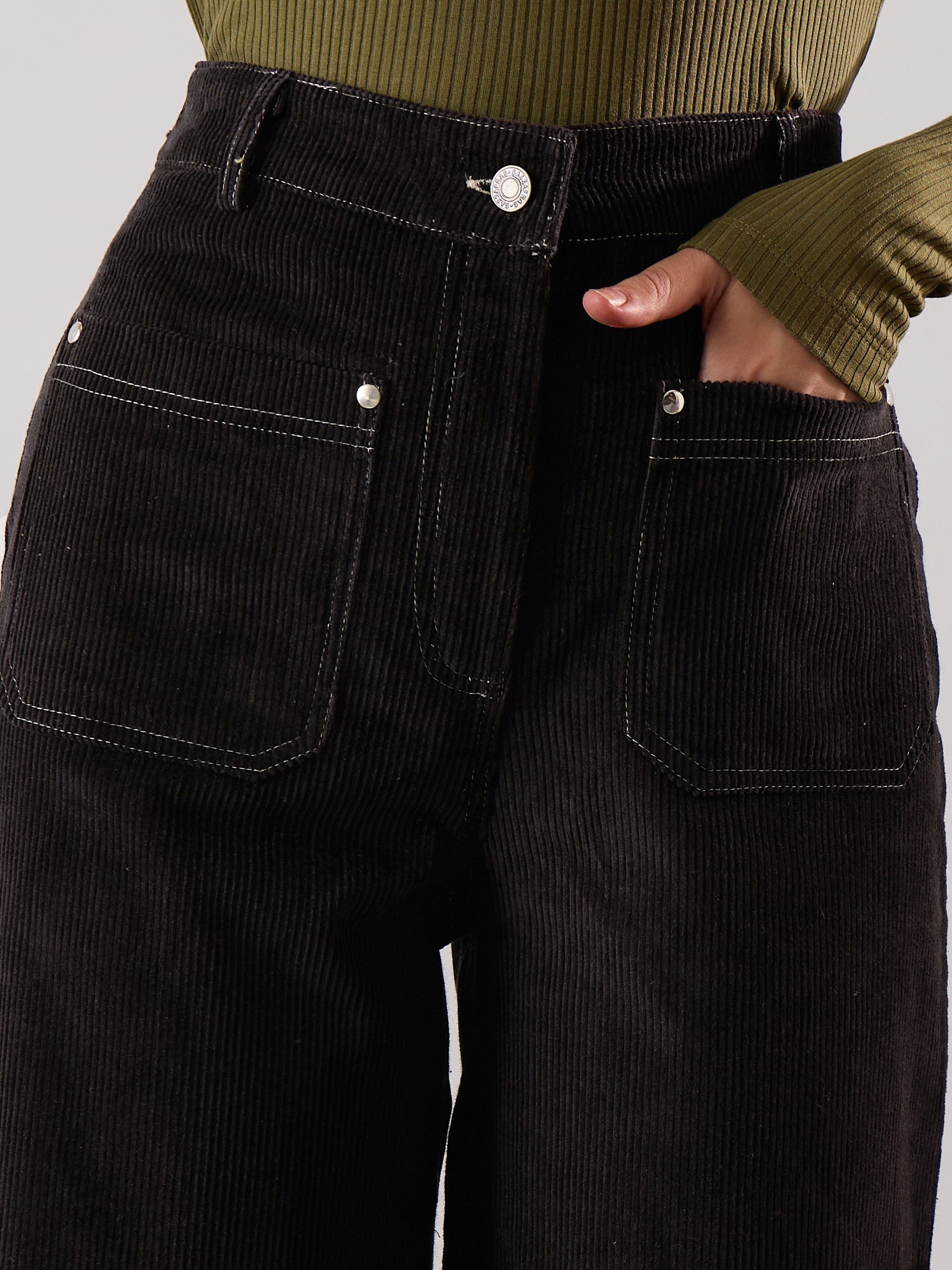 Women Black Corduroy Front Patch Pocket Wide Leg Pants-SFPANT51319
