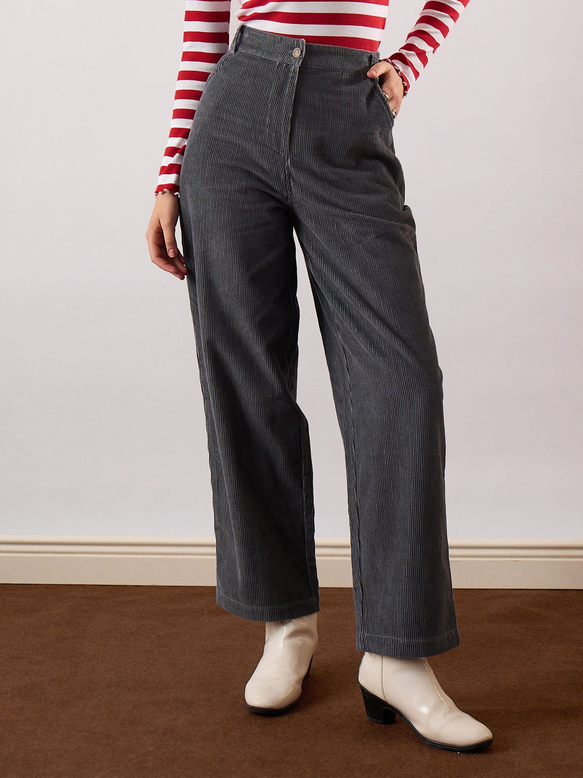 Women Grey Corduroy Straight Fit Pants-SFPANT51320