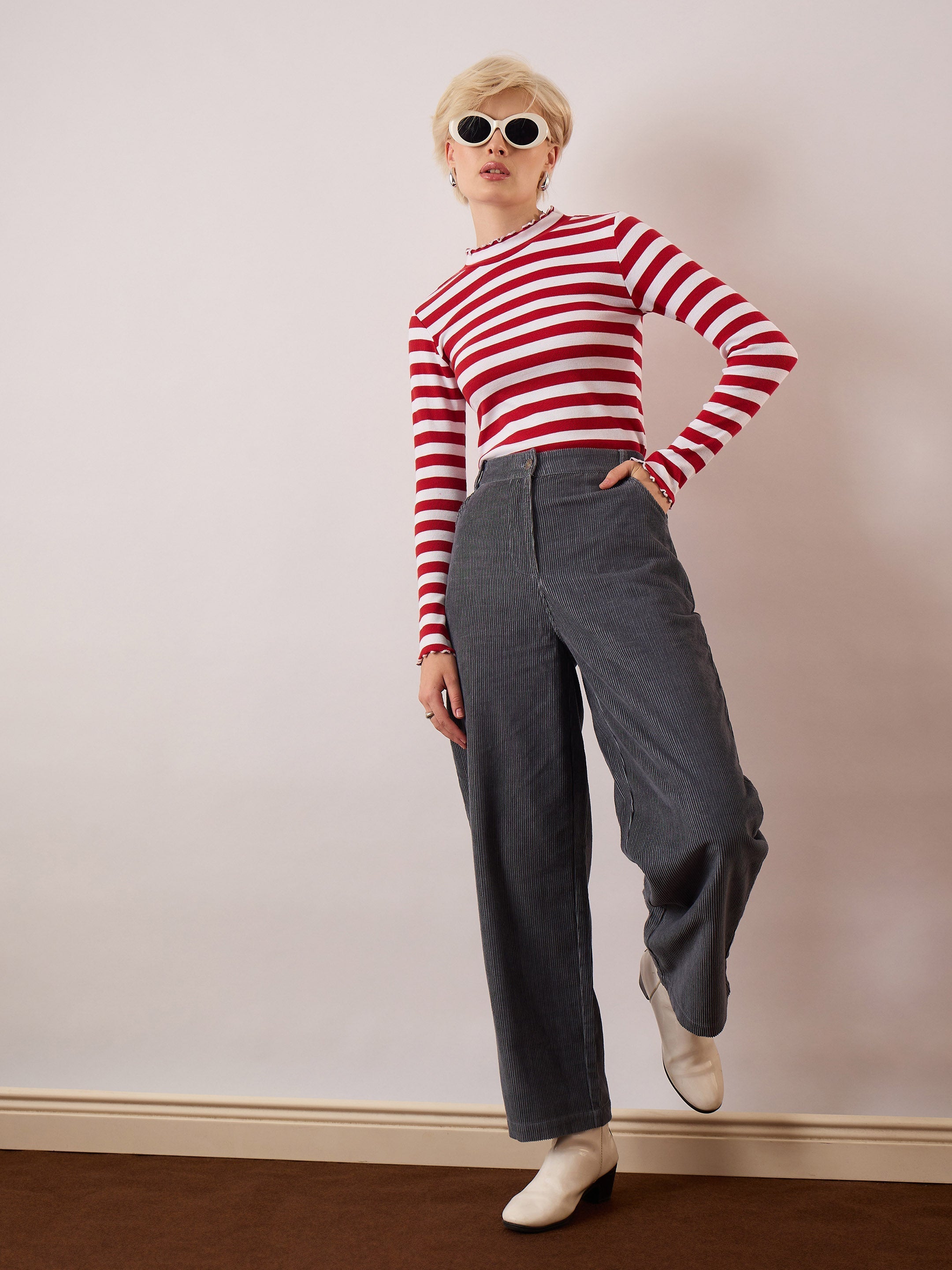 Women Grey Corduroy Straight Fit Pants-SFPANT51320