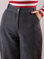 Women Grey Corduroy Straight Fit Pants-SFPANT51320