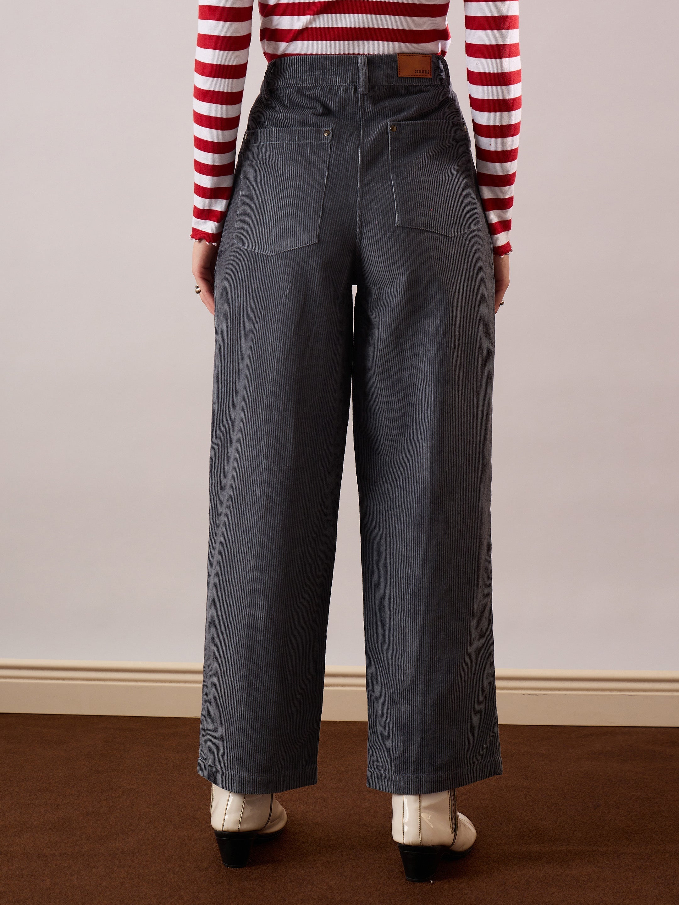 Women Grey Corduroy Straight Fit Pants-SFPANT51320