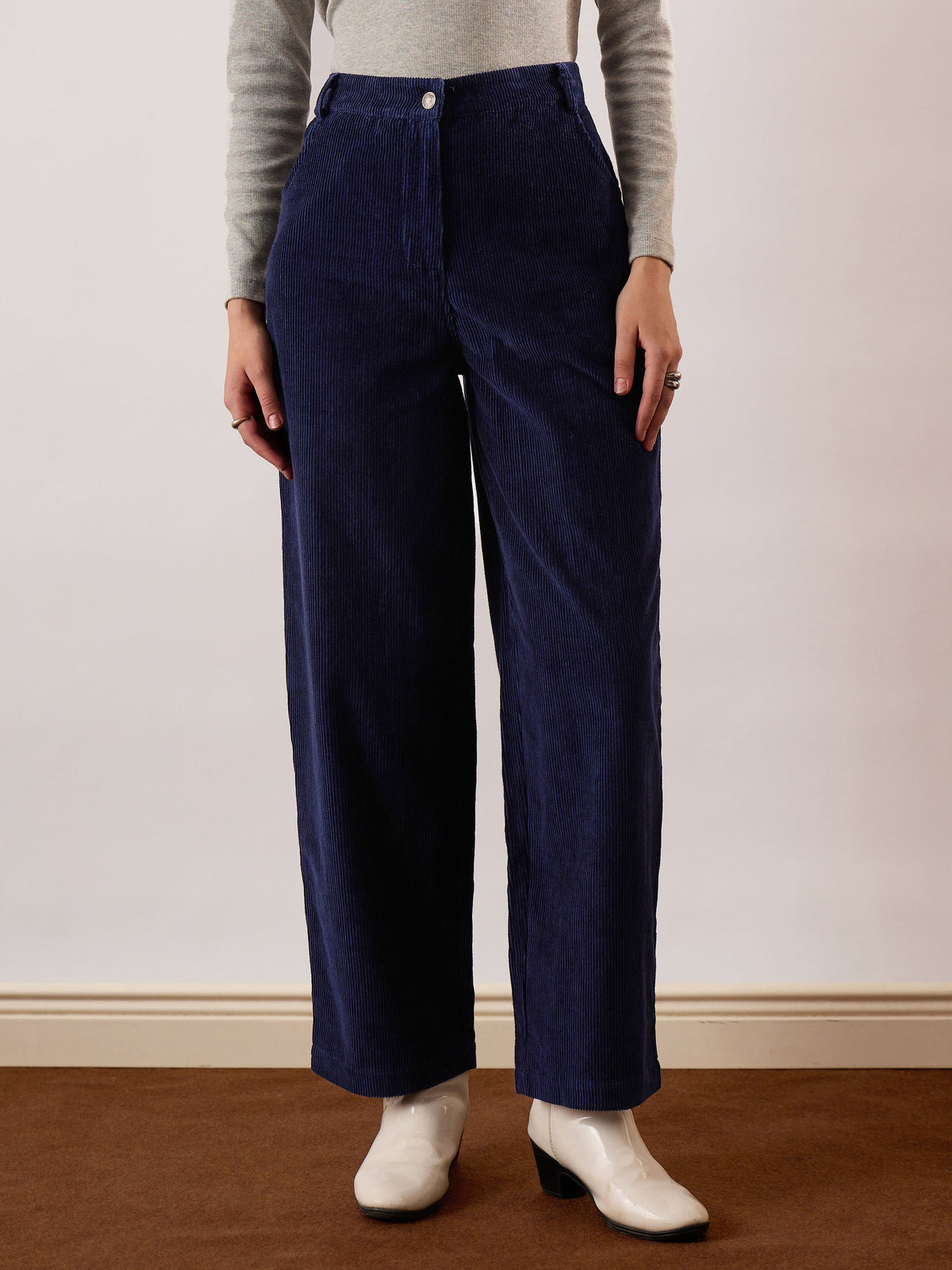 Women Navy Blue Corduroy Straight Fit Pants-SFPANT51321