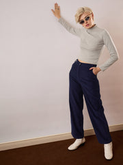 Women Navy Blue Corduroy Straight Fit Pants-SFPANT51321