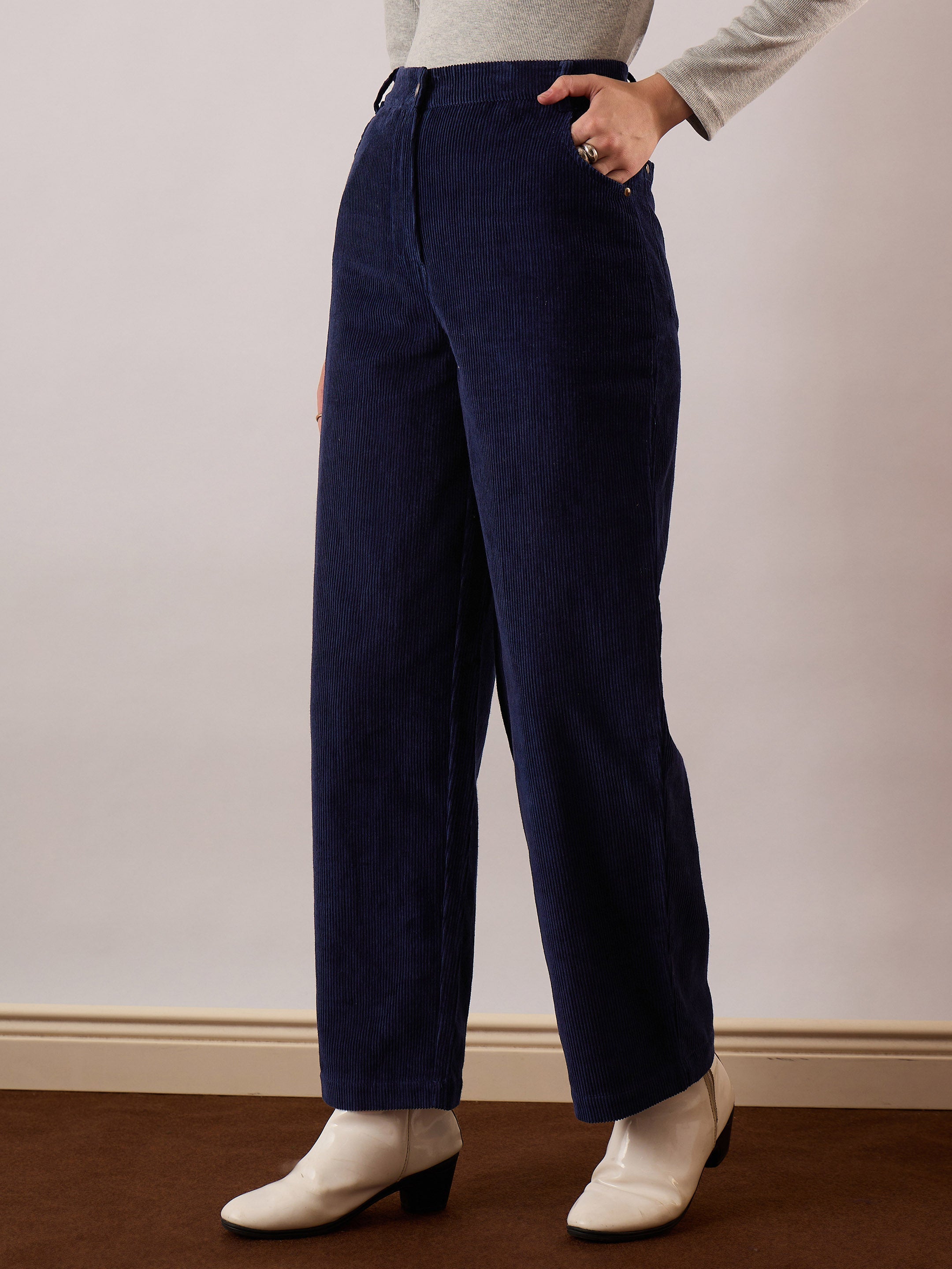 Women Navy Blue Corduroy Straight Fit Pants-SFPANT51321
