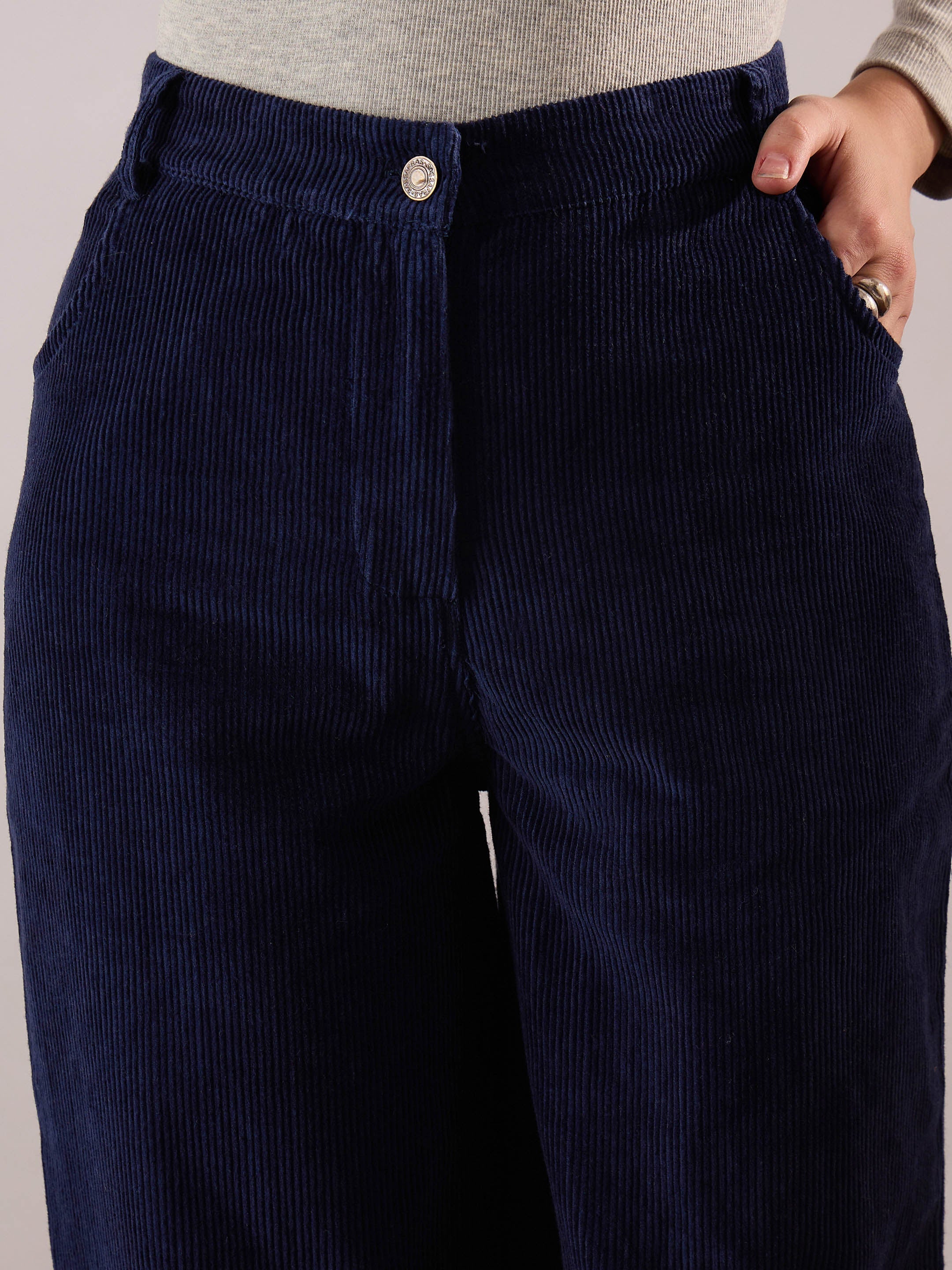 Women Navy Blue Corduroy Straight Fit Pants-SFPANT51321