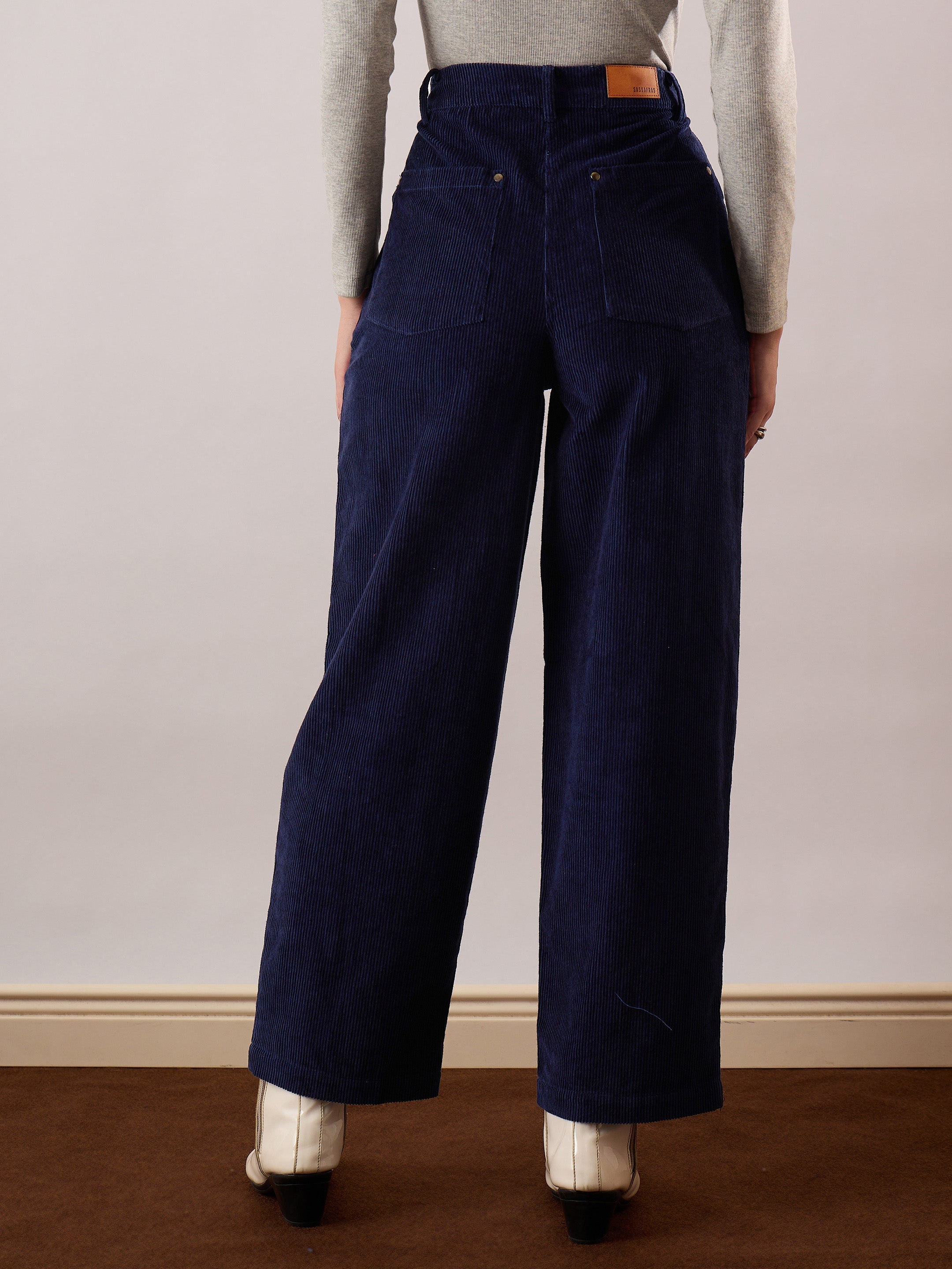Women Navy Blue Corduroy Straight Fit Pants-SFPANT51321