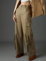 Women Pastel Olive Twill Pocket Loop Detail Cargo Pants-SFPANT51322