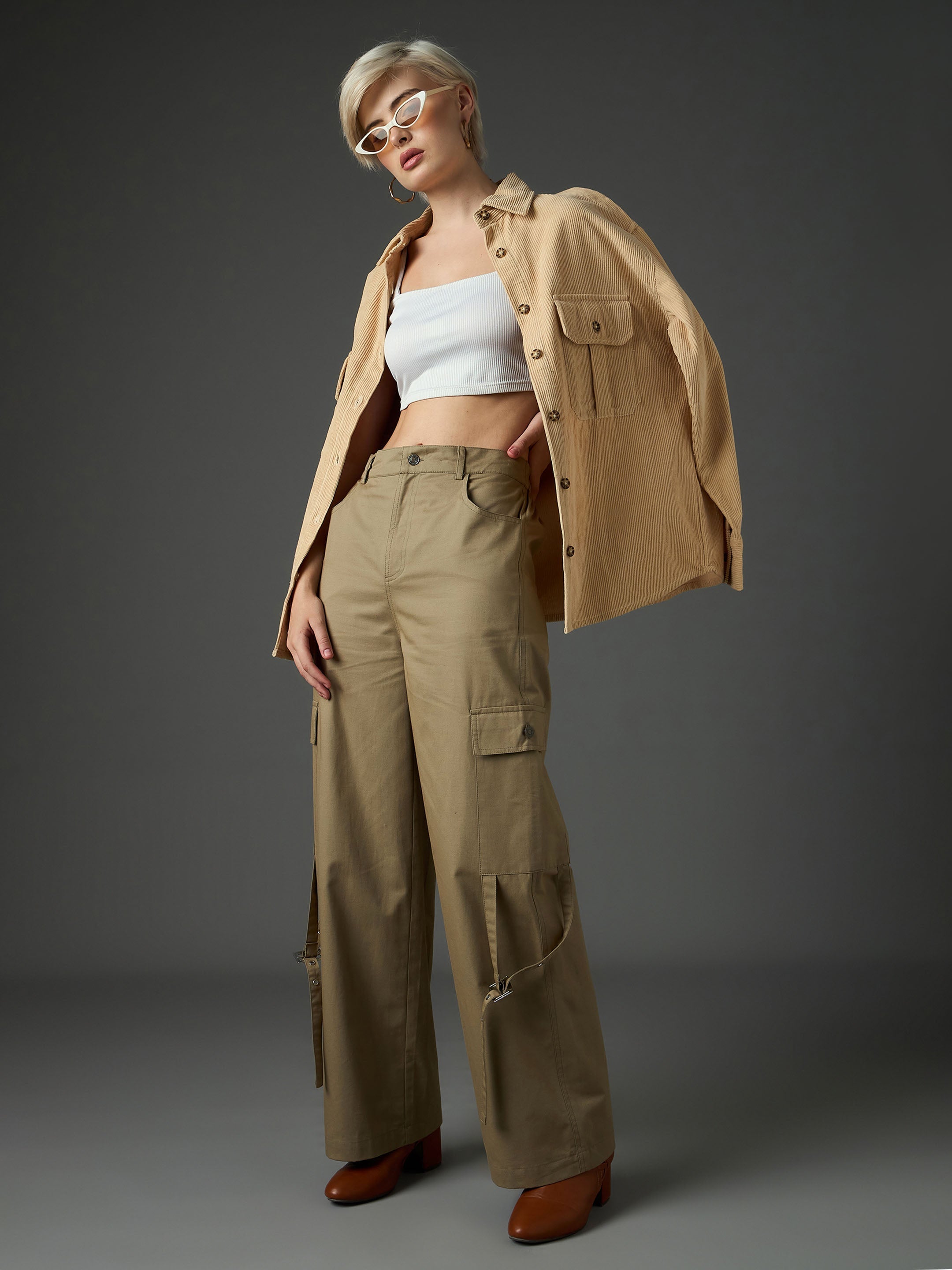 Women Pastel Olive Twill Pocket Loop Detail Cargo Pants-SFPANT51322
