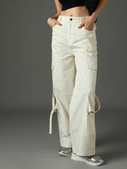 Women White Twill Pocket Loop Detail Cargo Pants-SFPANT51323