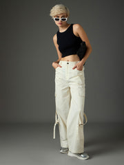 Women White Twill Pocket Loop Detail Cargo Pants-SFPANT51323