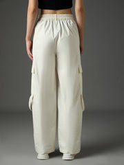 Women White Twill Pocket Loop Detail Cargo Pants-SFPANT51323