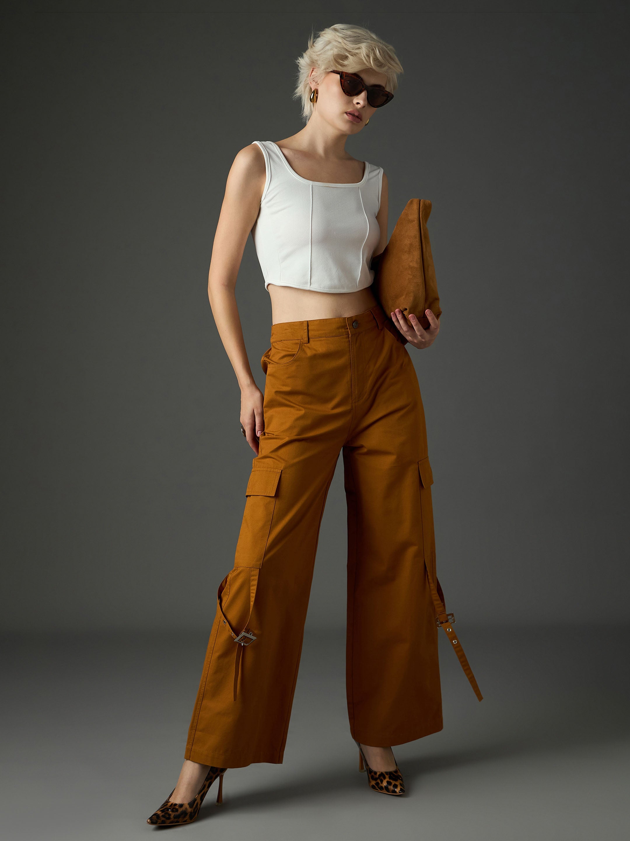 Women Tan Twill Pocket Loop Detail Cargo Pants-SFPANT51324