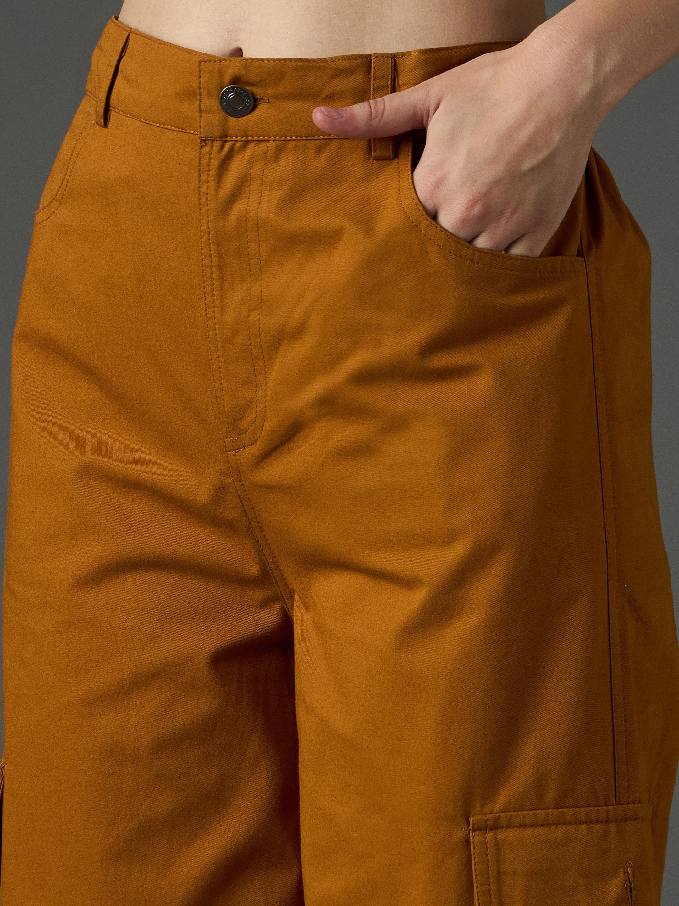 Women Tan Twill Pocket Loop Detail Cargo Pants-SFPANT51324