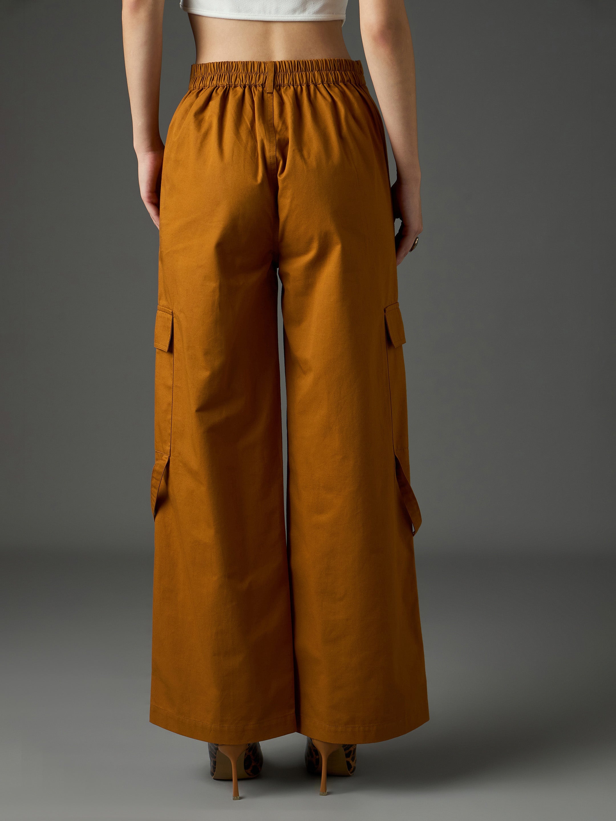 Women Tan Twill Pocket Loop Detail Cargo Pants-SFPANT51324
