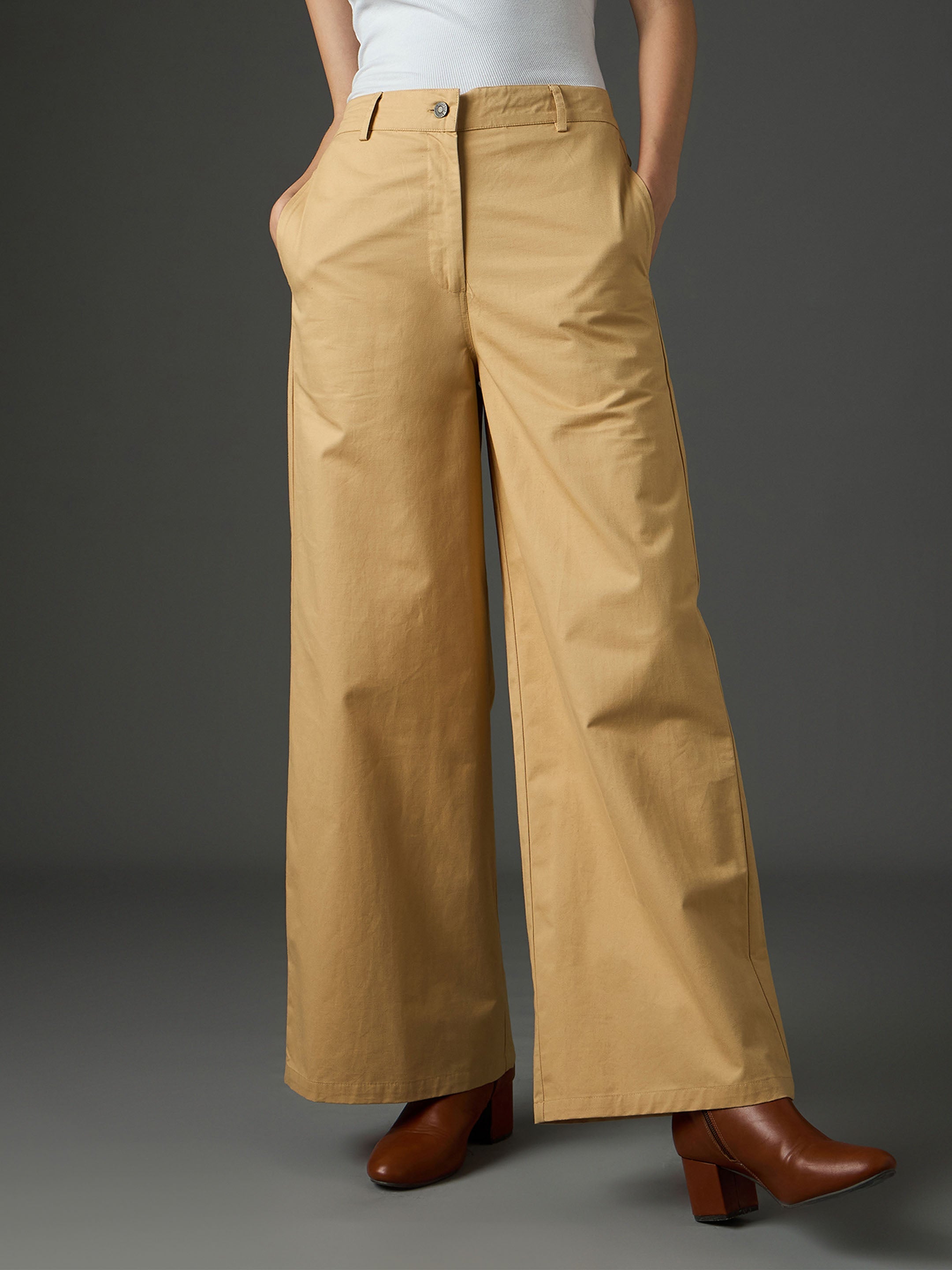 Women Beige Twill Flared Pants-SFPANT51327