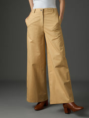 Women Beige Twill Flared Pants-SFPANT51327