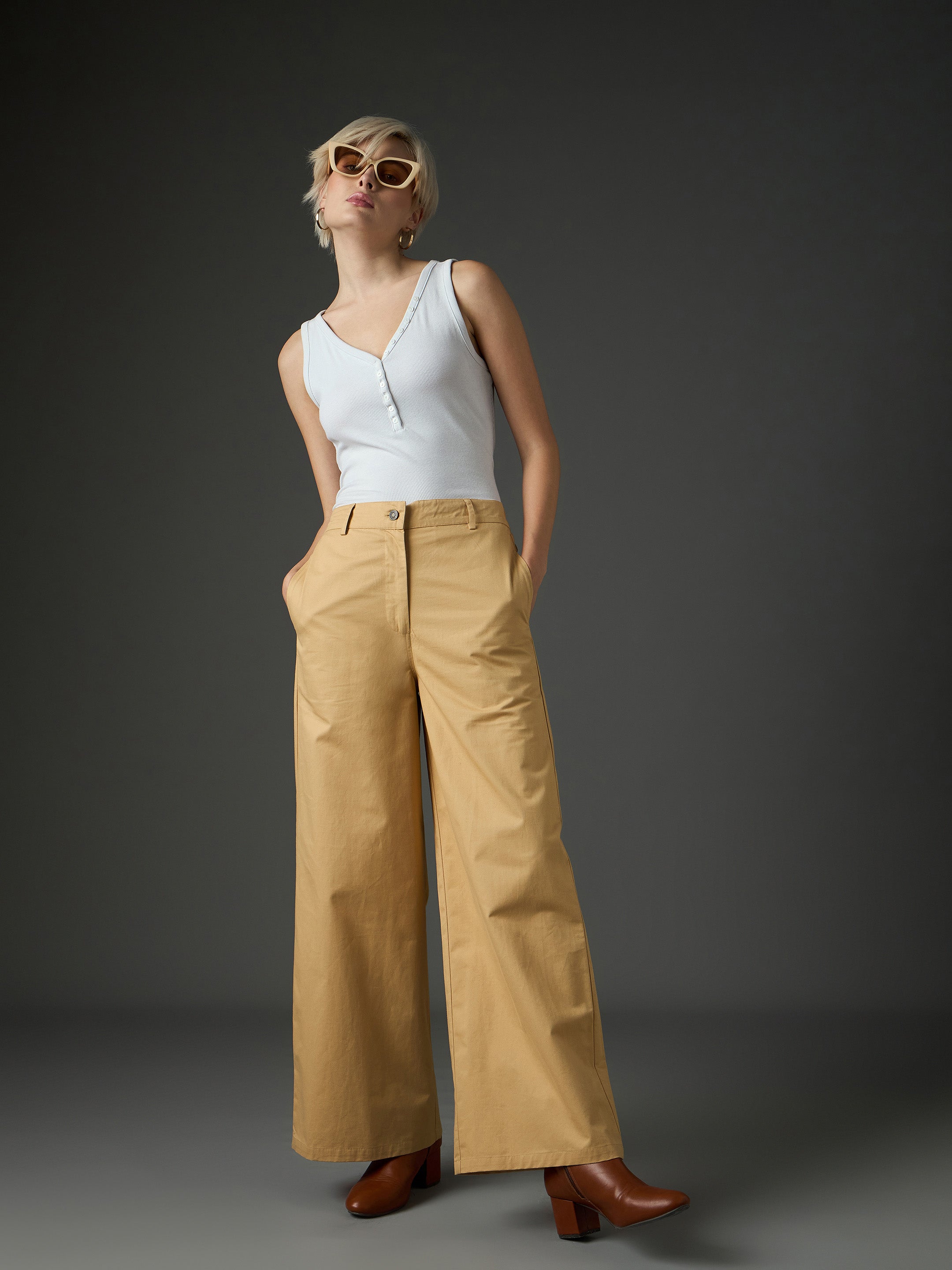 Women Beige Twill Flared Pants-SFPANT51327