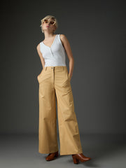 Women Beige Twill Flared Pants-SFPANT51327