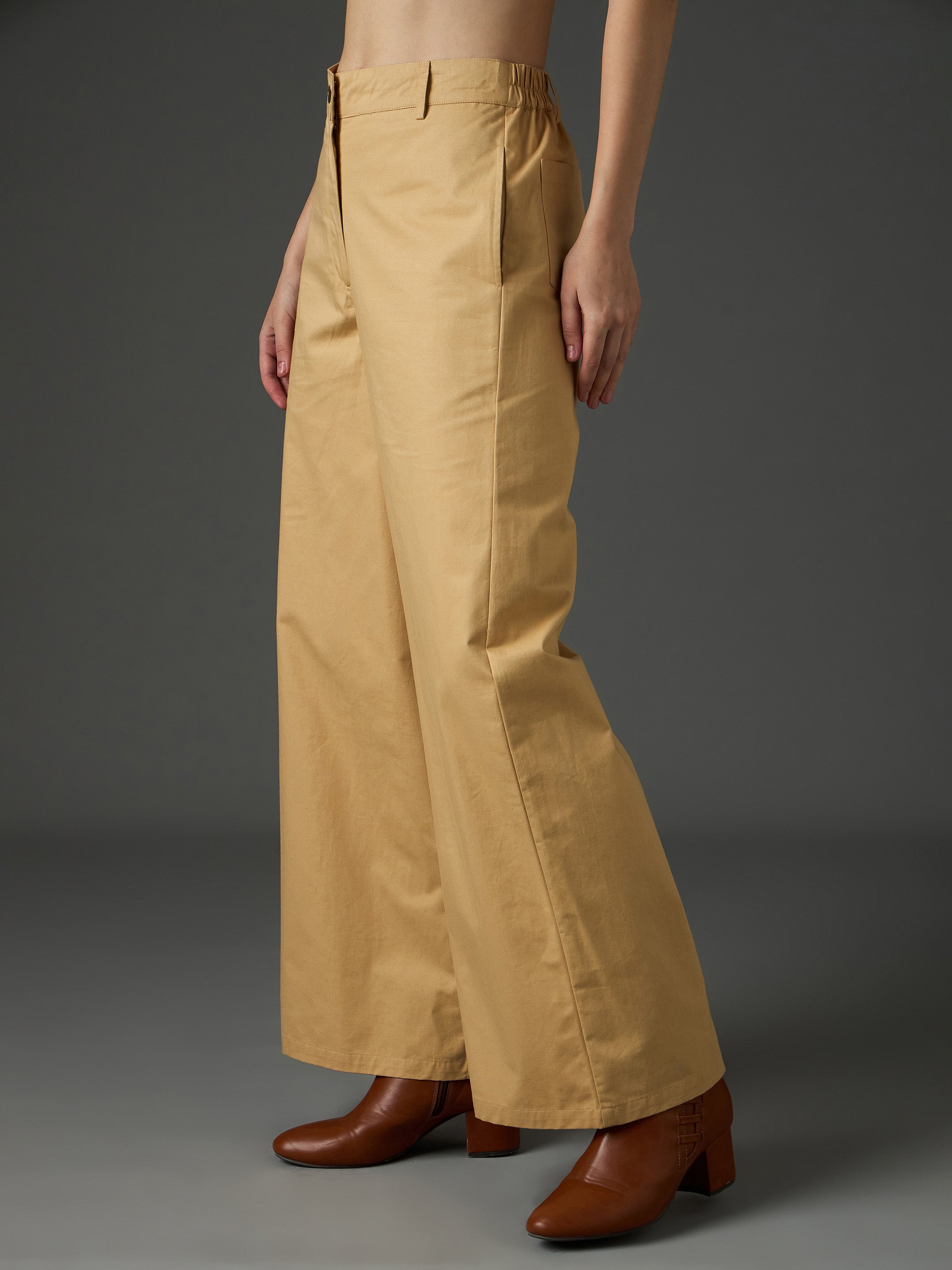 Women Beige Twill Flared Pants-SFPANT51327