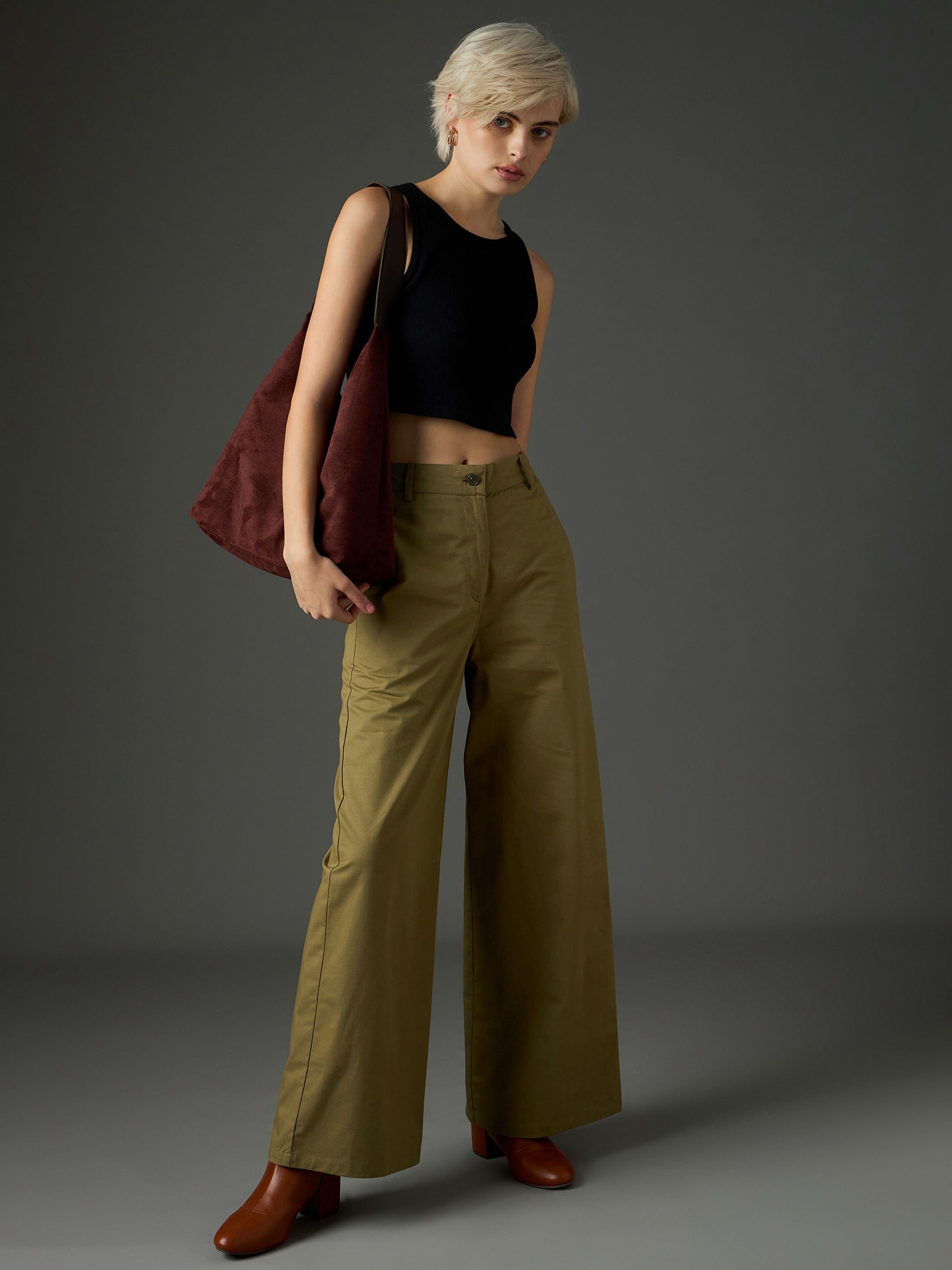 Women Olive Twill Flared Pants-SFPANT51328