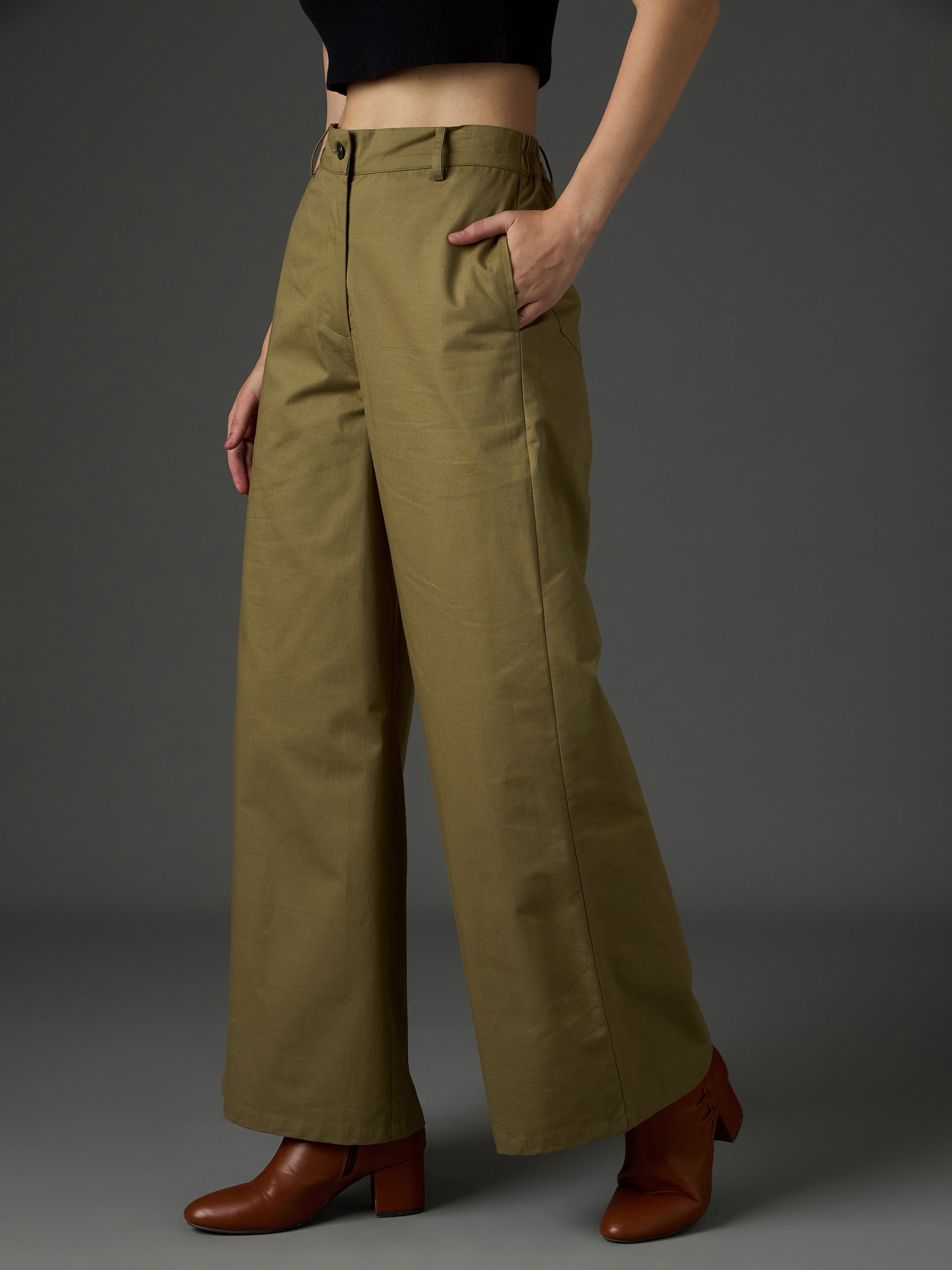 Women Olive Twill Flared Pants-SFPANT51328
