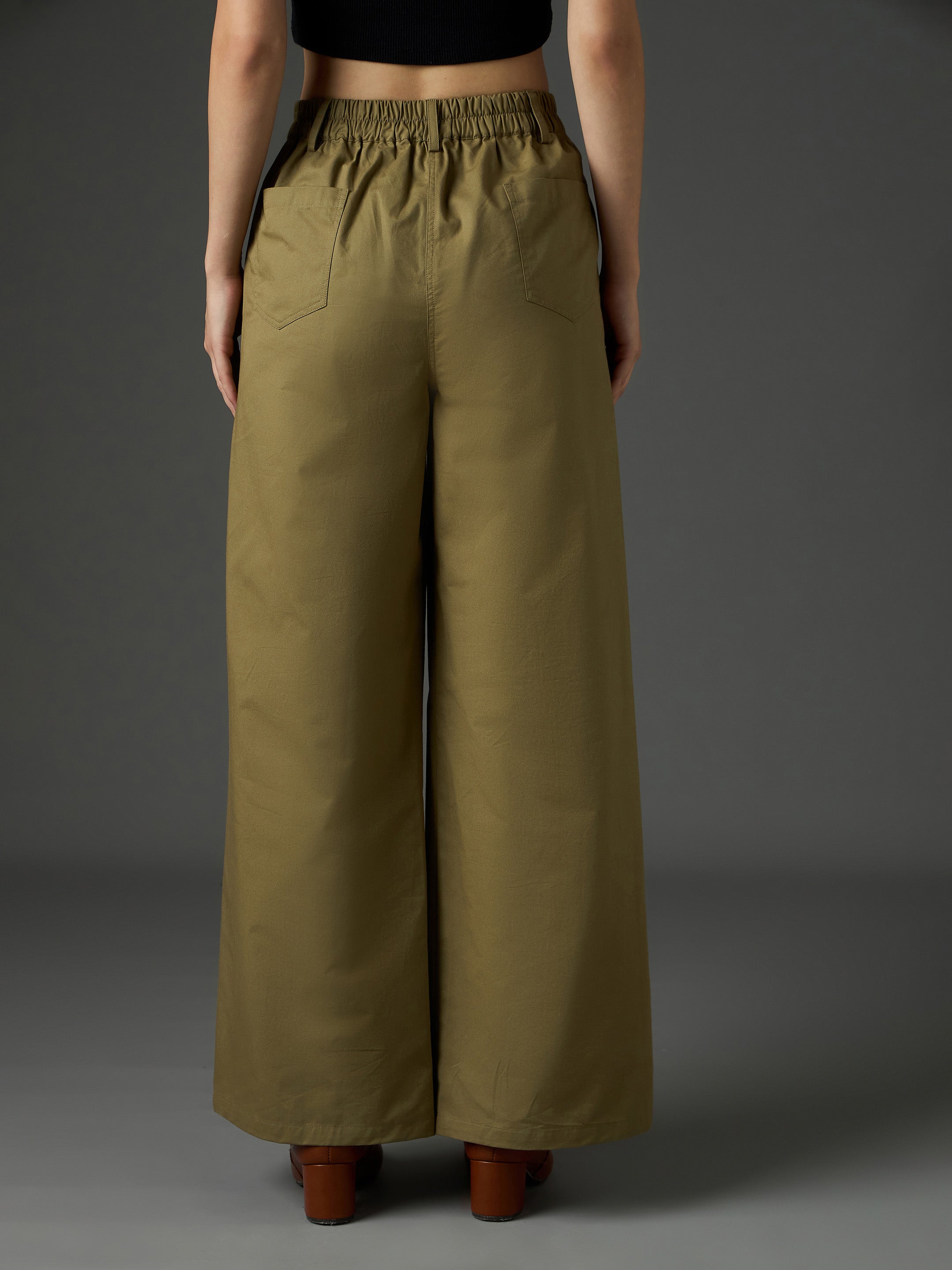 Women Olive Twill Flared Pants-SFPANT51328